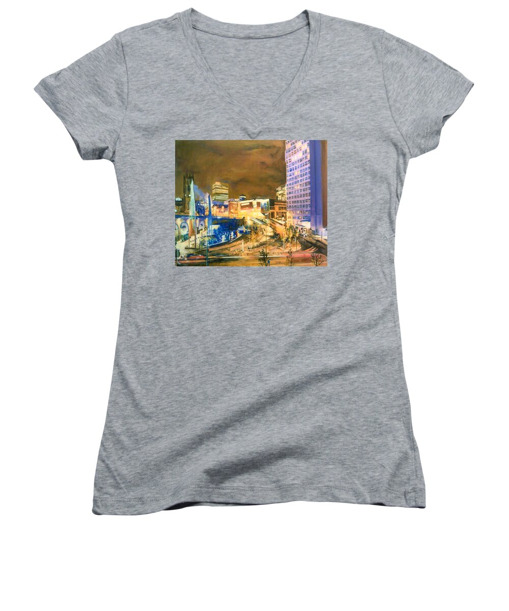 Manchester City Centre Women's V-Neck featuring the painting Greengate, Salford, Manchester At Night by Rosanne Gartner