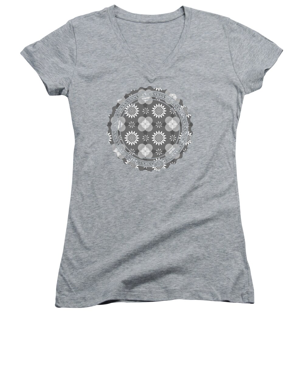 Grey Women's V-Neck featuring the digital art Grey Circles and Flowers Pattern by Becky Herrera