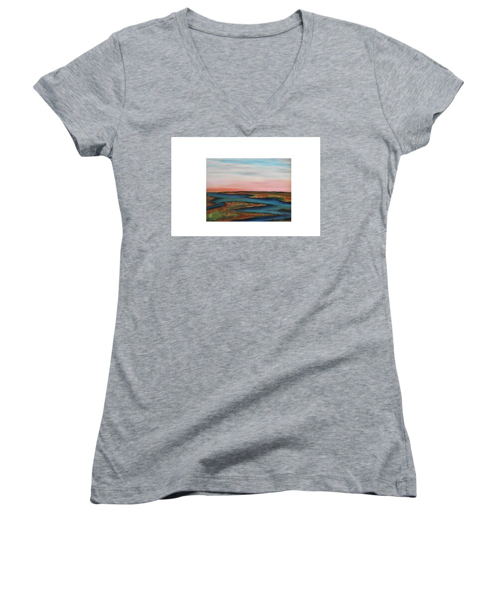 Sky Light Gold Grasses Marsh Tide Coastal Saltwater Beach Cottage Pink Glow Ocean Bay Nature Spirit Peace Tranquility Women's V-Neck featuring the painting Guilded edge by Daniel Dubinsky