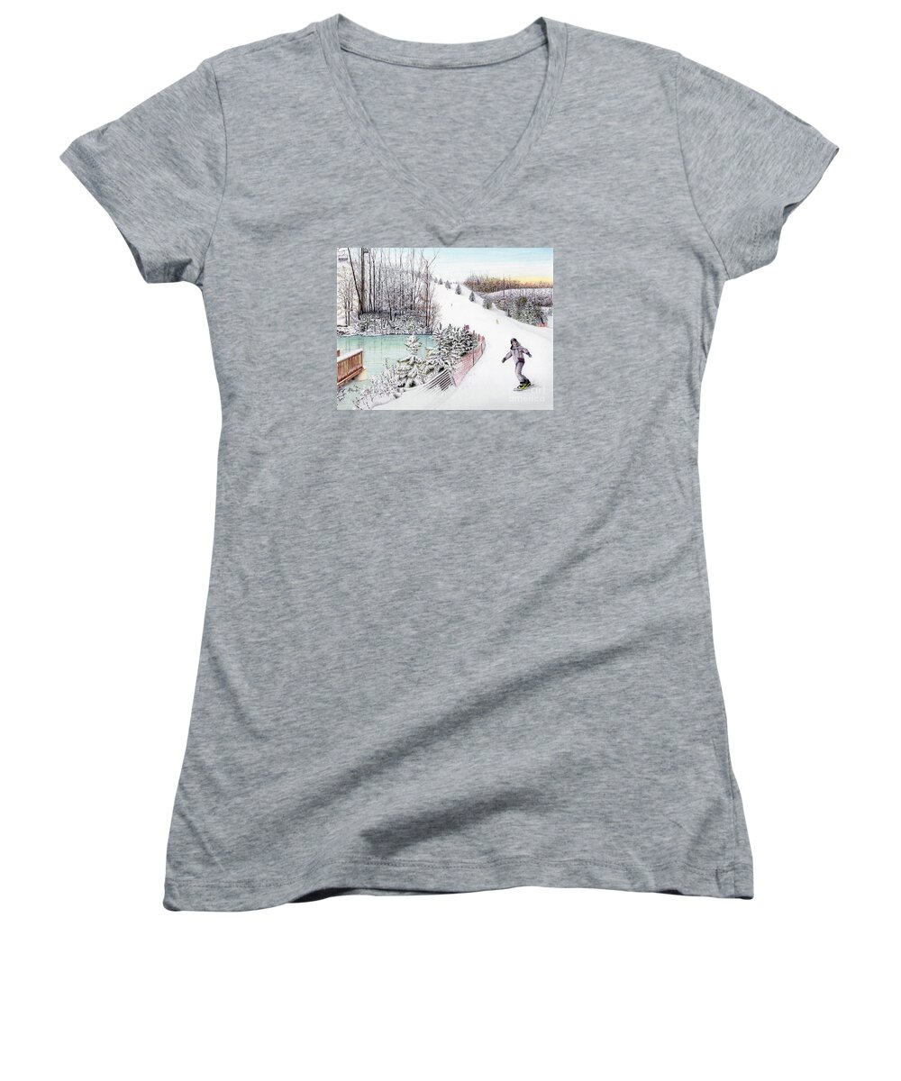 Gunnar Women's V-Neck featuring the painting Gunnar Slope and The Ducky Pond by Albert Puskaric