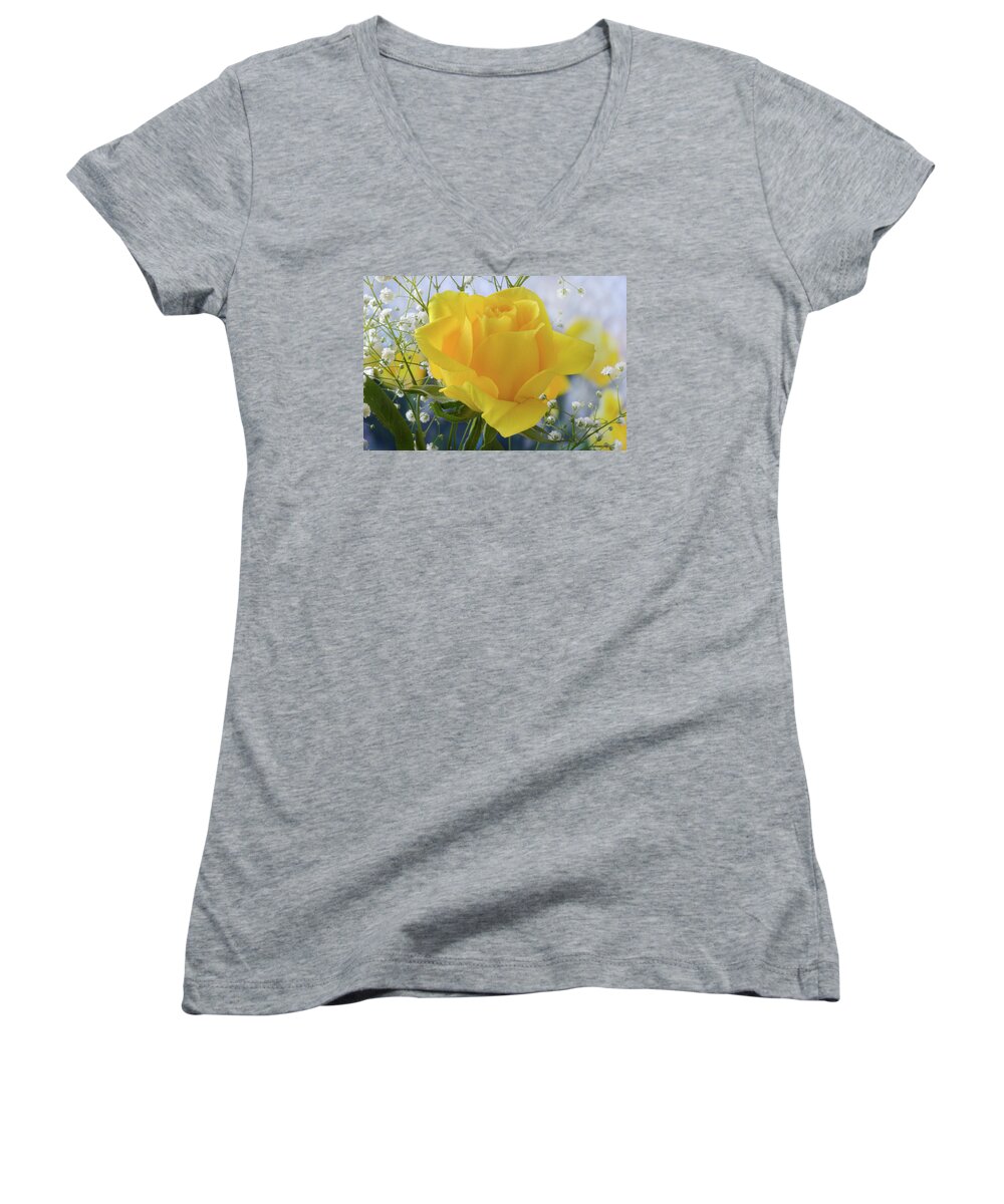 Rose Women's V-Neck featuring the photograph Gypsophila And The Rose. by Terence Davis
