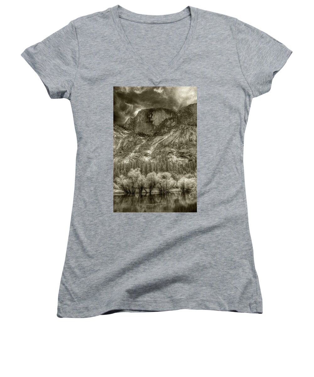  Women's V-Neck featuring the photograph Half Dome over Mirror Lake by Michael Kirk