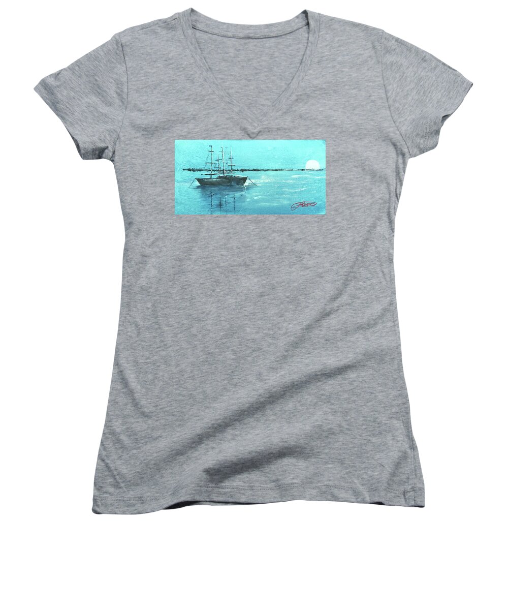 Painting Women's V-Neck featuring the painting Half Moon Harbor by Jack Diamond