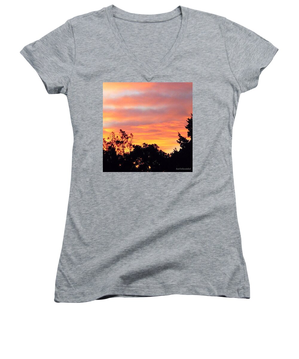 Beautiful Women's V-Neck featuring the photograph #halloween #morning #sky Is On #fire by Austin Tuxedo Cat