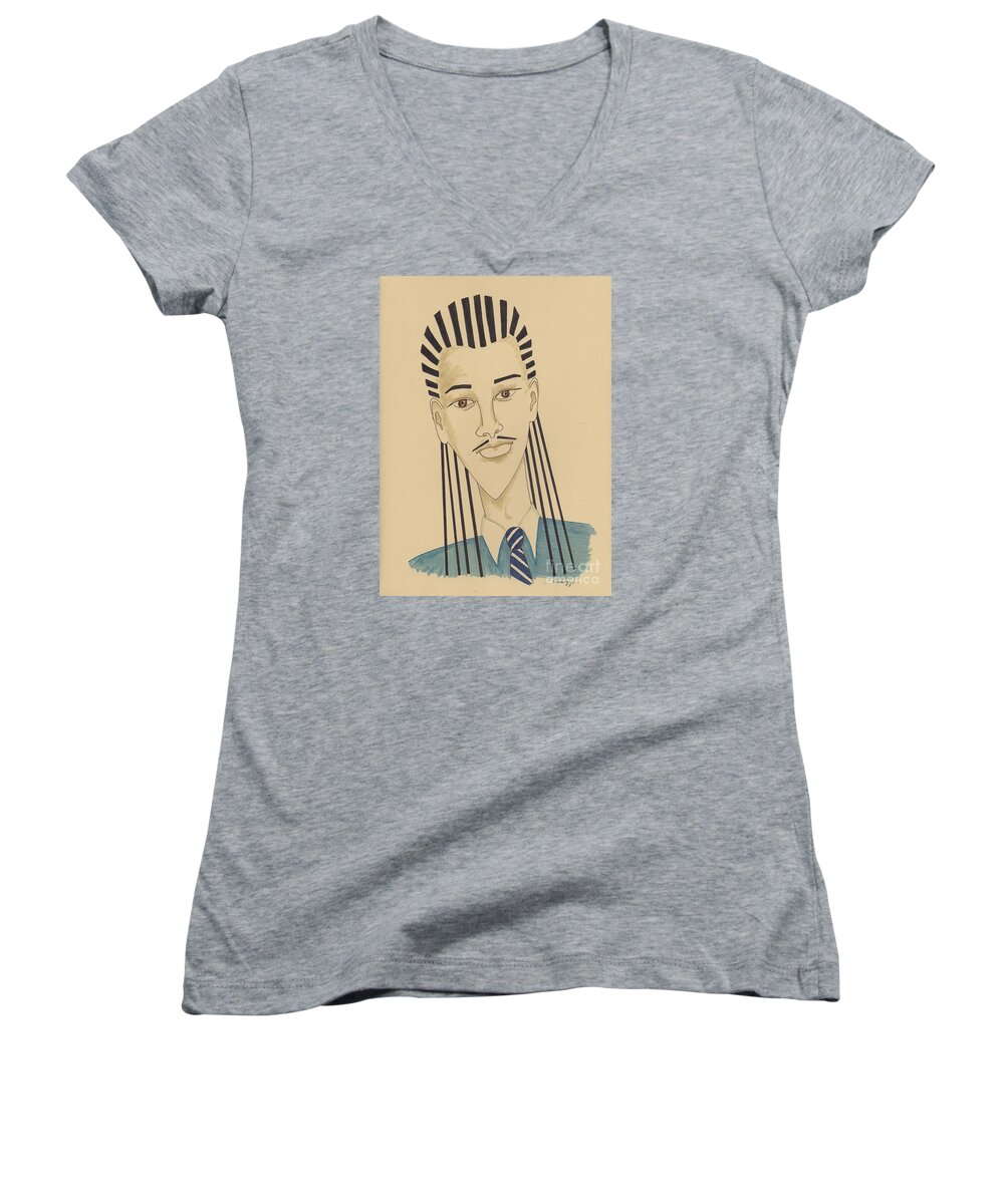 Braids Women's V-Neck featuring the drawing Handsome Young Man -- Stylized Portrait of African-American Man by Jayne Somogy