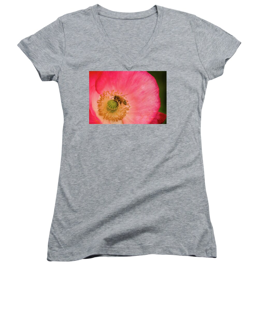 Bee Women's V-Neck featuring the photograph Happy Bee by Bob Cournoyer