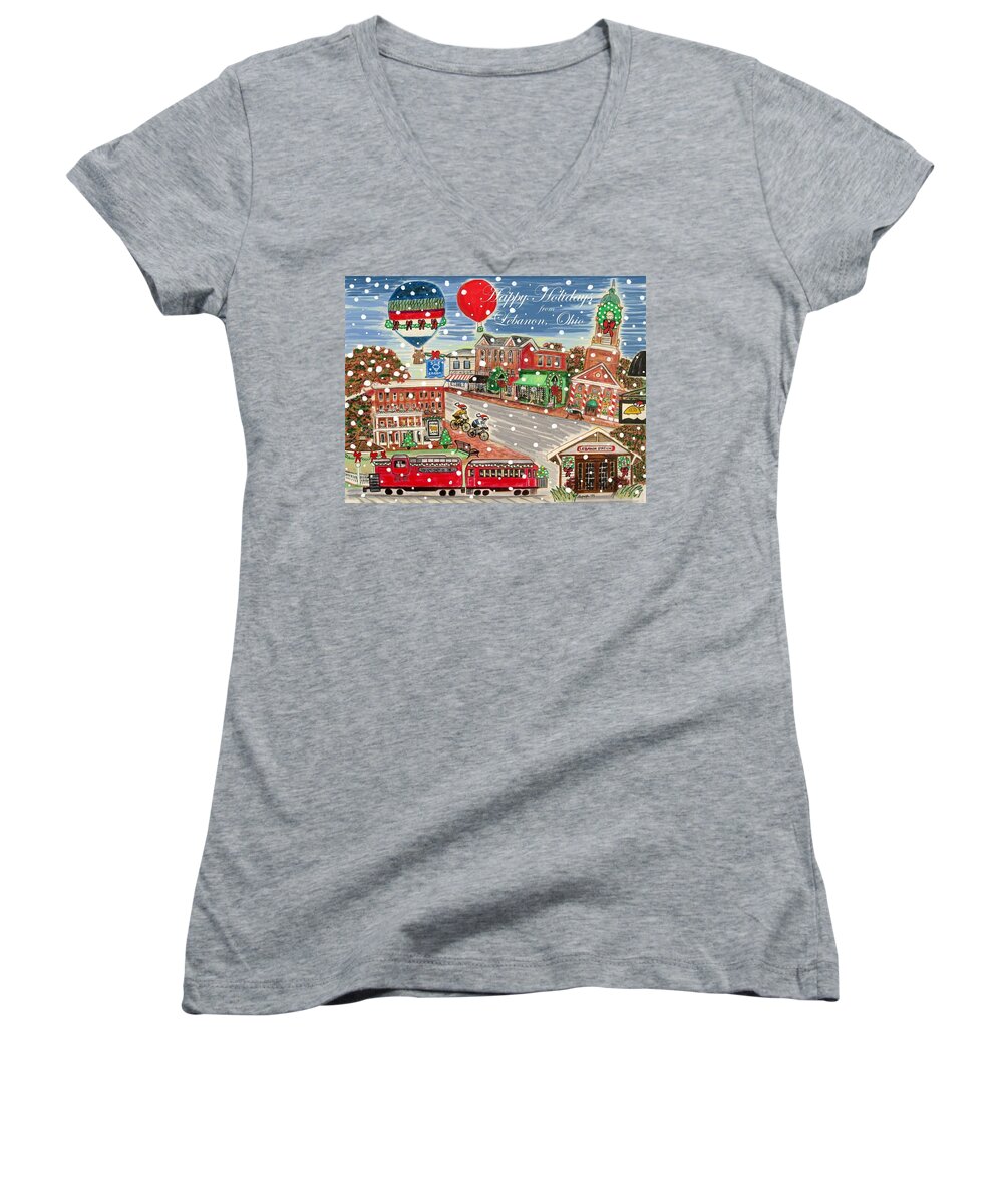 Small Town America Women's V-Neck featuring the painting Happy Holidays from Lebanon, Ohio by Diane Pape