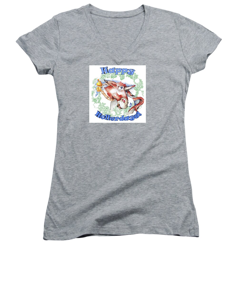 Comics Women's V-Neck featuring the mixed media Happy Hollerdays by Dawn Sperry