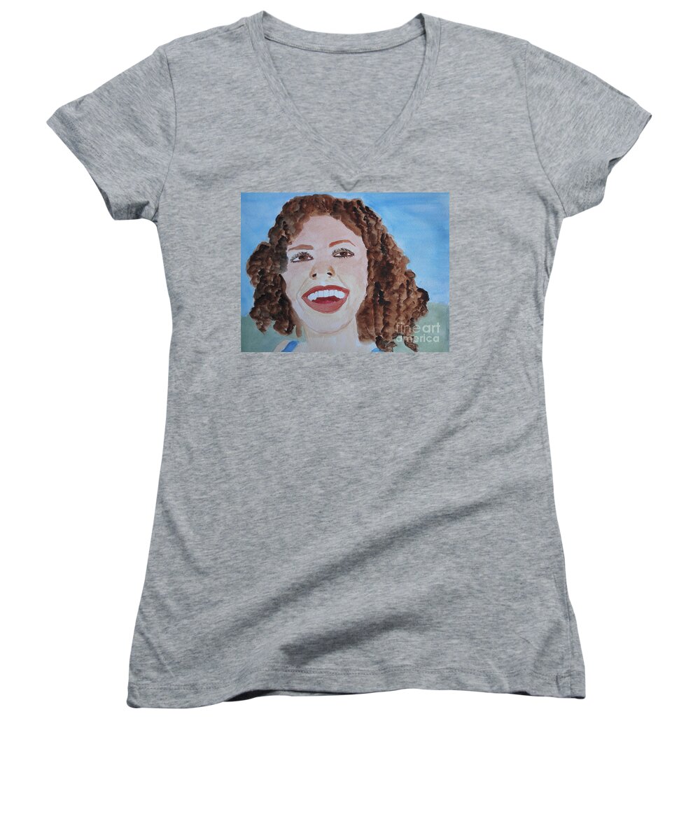 Happy Women's V-Neck featuring the painting Happy by Sandy McIntire
