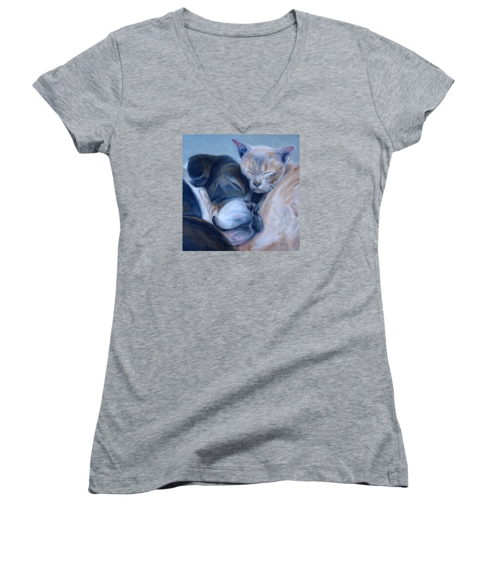 Dog Women's V-Neck featuring the painting Harmony by Donna Tuten
