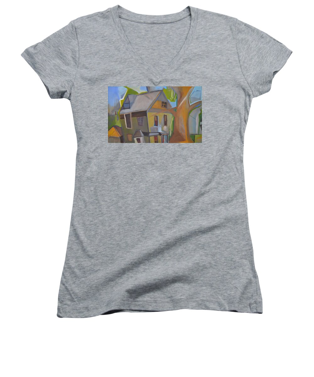 Suburban Landscape Women's V-Neck featuring the painting Harry's Tree by Ron Erickson