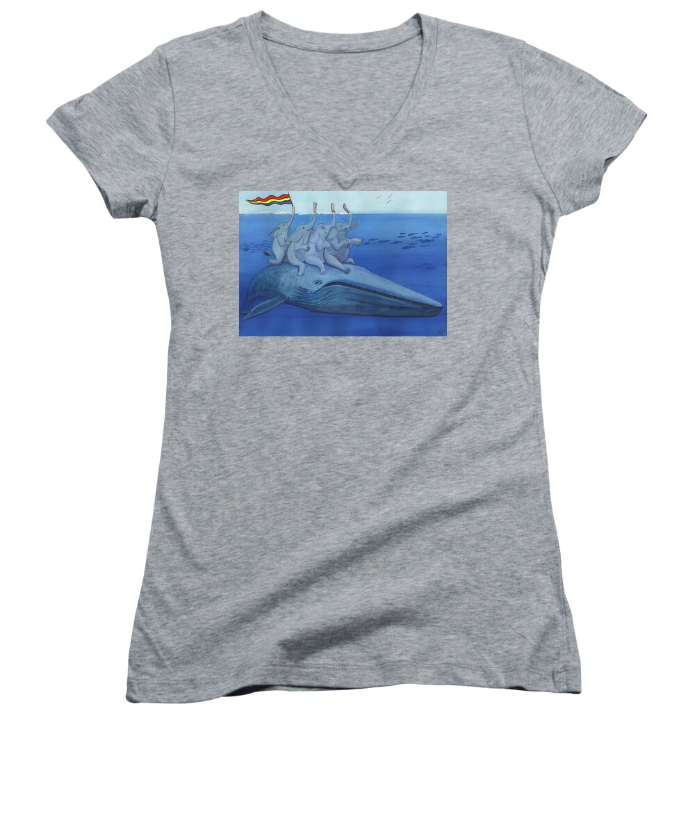 Elephants Women's V-Neck featuring the painting Having a whale of a good time by Catherine G McElroy