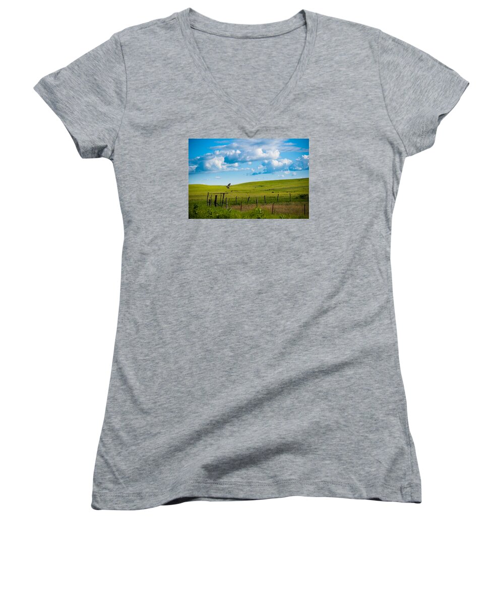 Nature Women's V-Neck featuring the photograph Hawk and Flint Hills by Jeff Phillippi