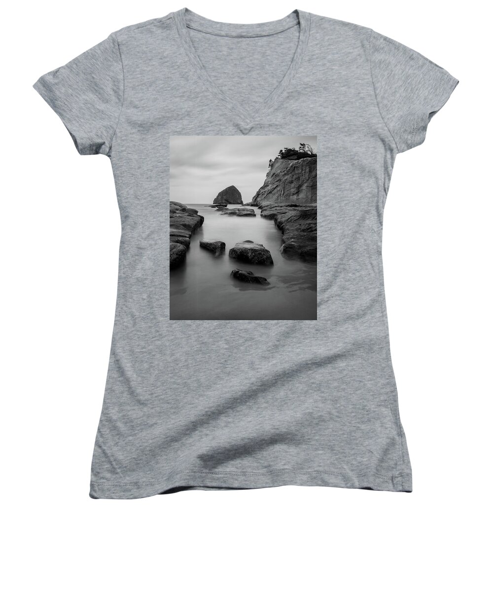 Oregon Women's V-Neck featuring the photograph Haystack Rock in BW by Jedediah Hohf