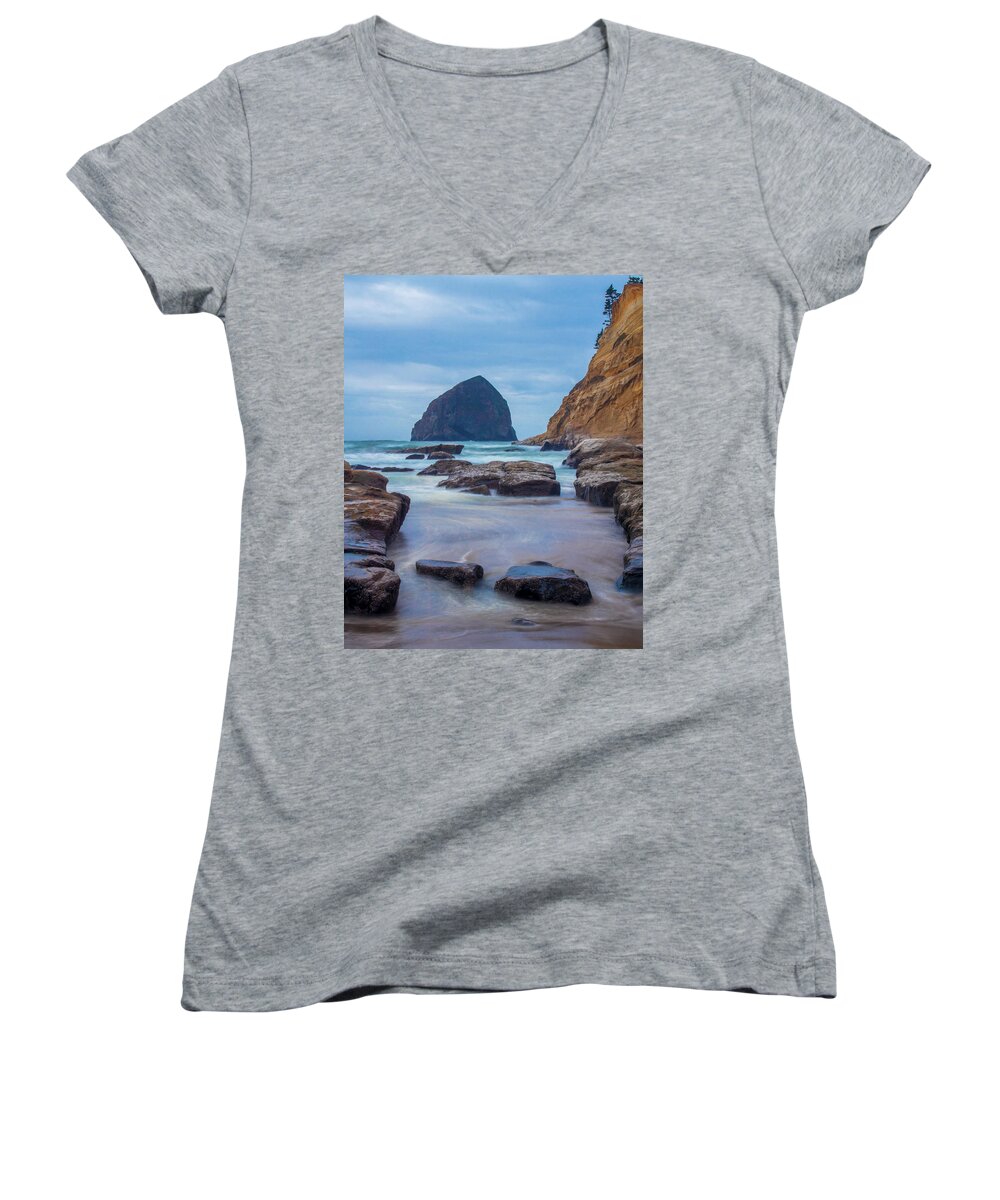 Oregon Women's V-Neck featuring the photograph Haystack Rock in Color by Jedediah Hohf