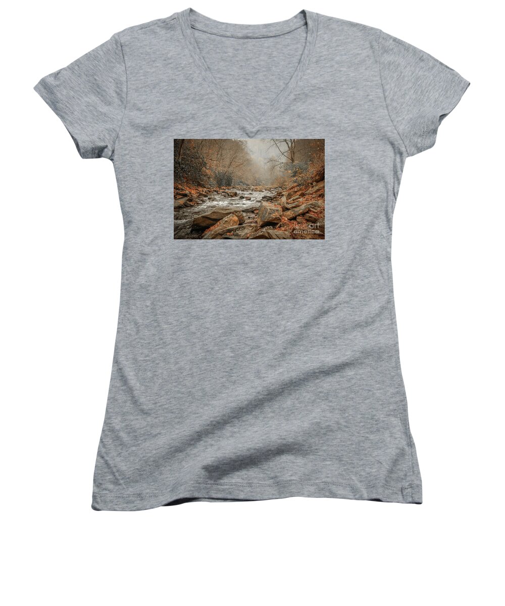 Mountain Women's V-Neck featuring the photograph Hazy Mountain Stream #2 by Tom Claud