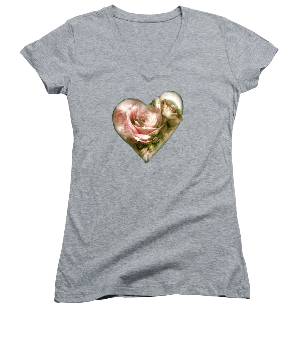Rose Women's V-Neck featuring the mixed media Heart Of A Rose - Antique Pink by Carol Cavalaris