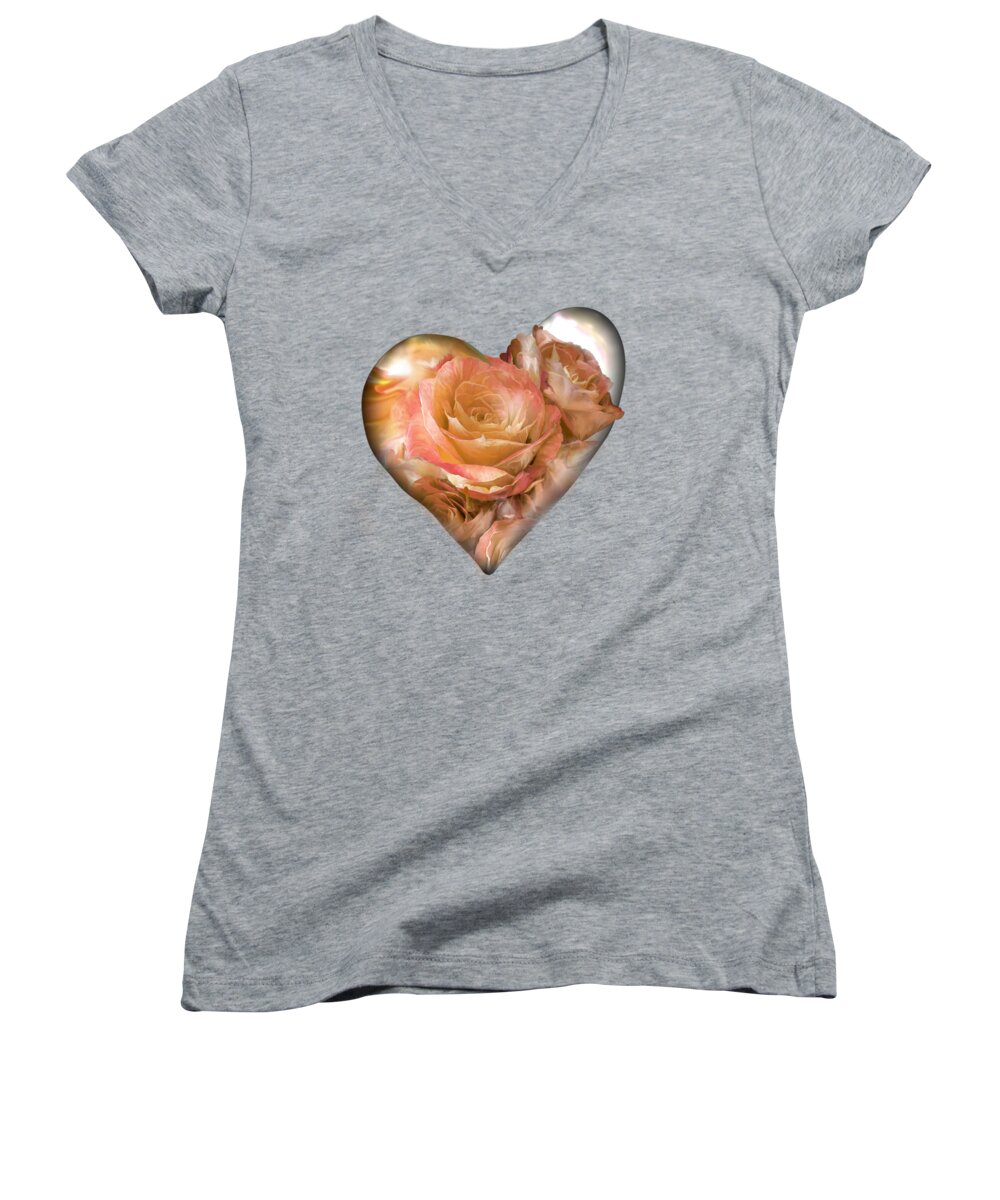 Rose Women's V-Neck featuring the mixed media Heart Of A Rose - Gold Bronze by Carol Cavalaris