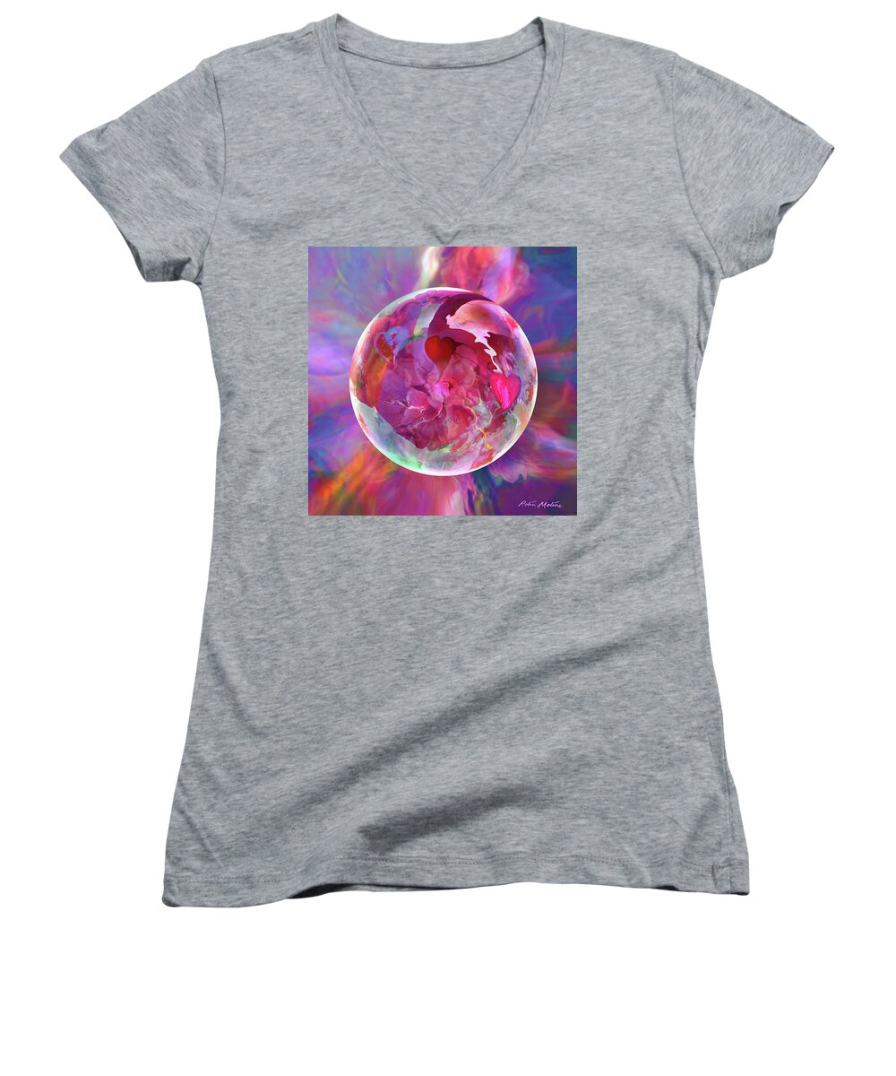 Valentines Day Women's V-Neck featuring the digital art Hearts of Space by Robin Moline