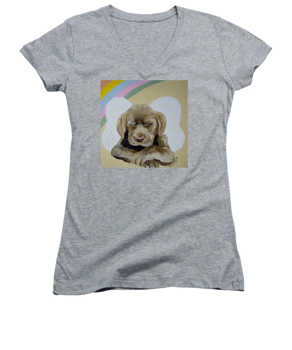 Dog Women's V-Neck featuring the painting Heaven's Little Angel by Debra Campbell