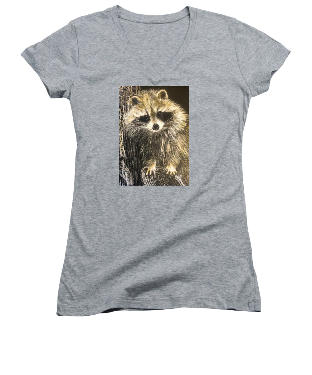 Racoon Women's V-Neck featuring the drawing Hello by Stella Marin