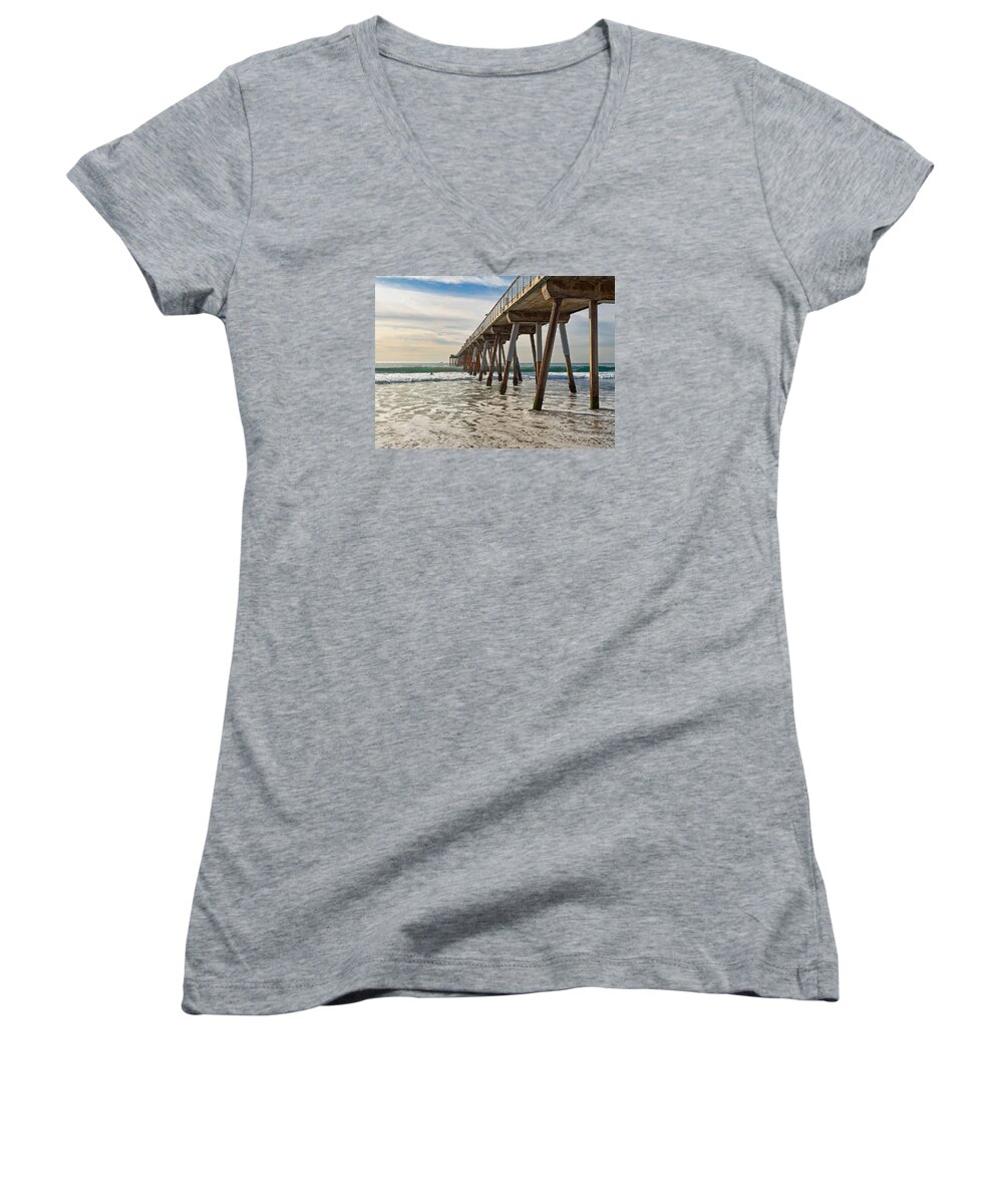 Pier Women's V-Neck featuring the photograph Hermosa under the Pier by Michael Hope