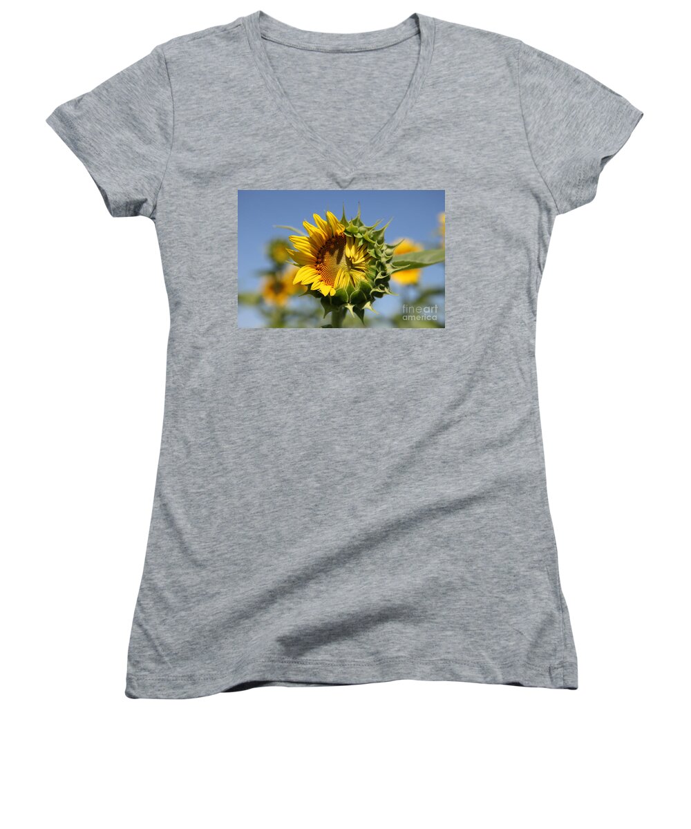 Sunflowers Women's V-Neck featuring the photograph Hesitant by Amanda Barcon