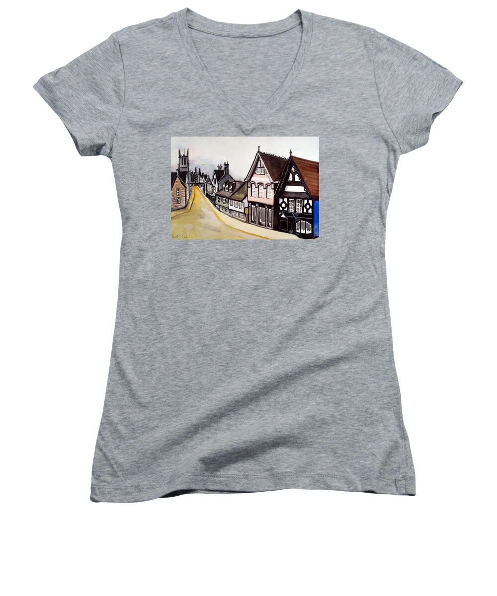 Stamford Women's V-Neck featuring the painting High Street of Stamford in England by Dora Hathazi Mendes