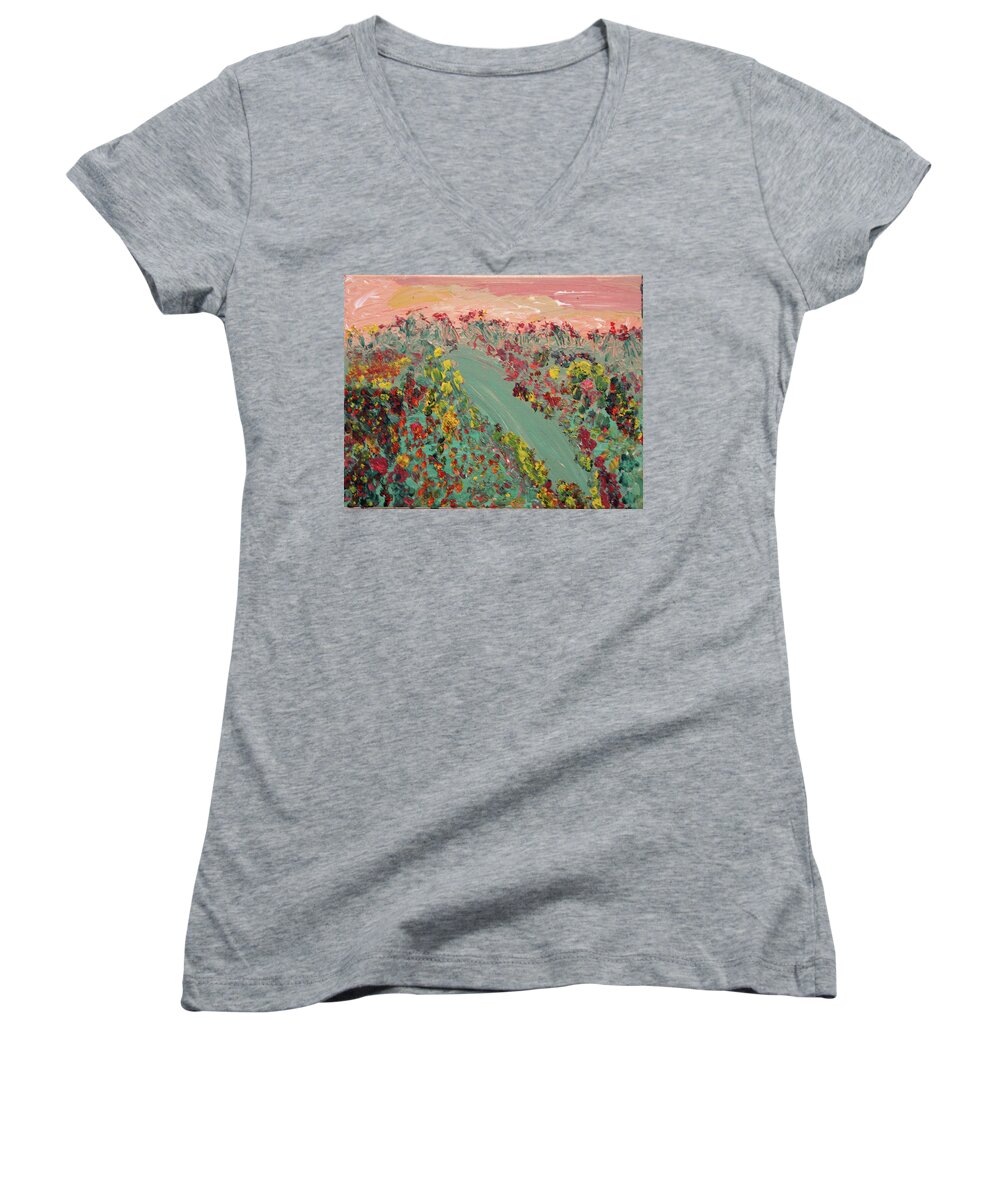 Paintings Women's V-Neck featuring the painting Hillside Flowers by Karen Nicholson