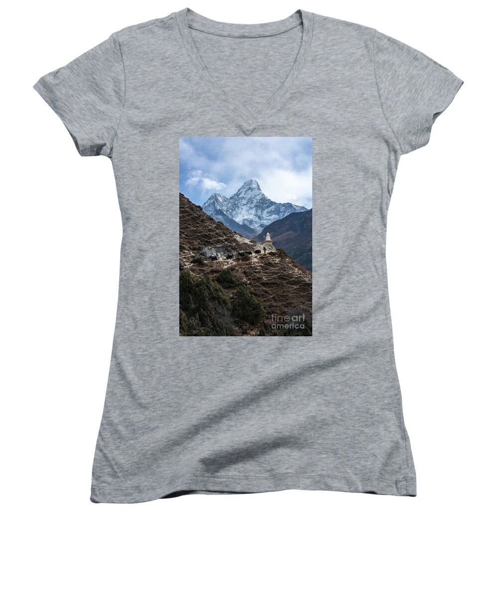 Ama Dablam Women's V-Neck featuring the photograph Himalayan Yak Train by Mike Reid