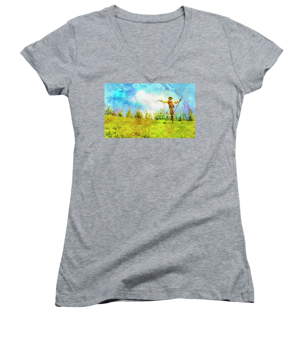 Hobbits Women's V-Neck featuring the photograph Hobbit Scarecrow by Kathryn McBride