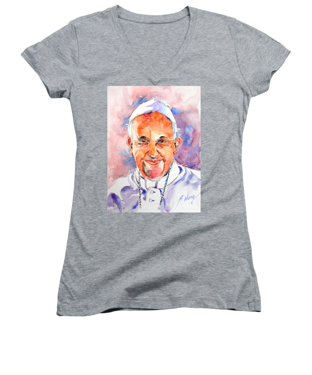 Pope Francis Women's V-Neck featuring the painting Holy Father #1 by Betty M M Wong