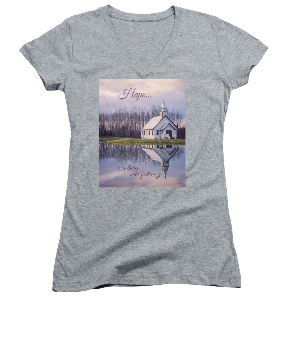 Hope Is A Thing With Feathers Women's V-Neck featuring the painting Hope Is A Thing With Feathers - Inspirational Art by Jordan Blackstone