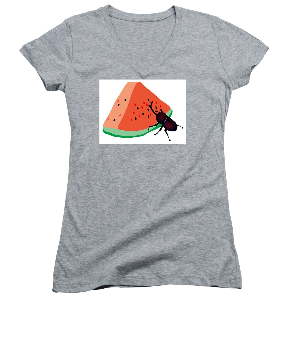  Women's V-Neck featuring the digital art Horn beetle is eating a piece of red watermelon by Moto-hal