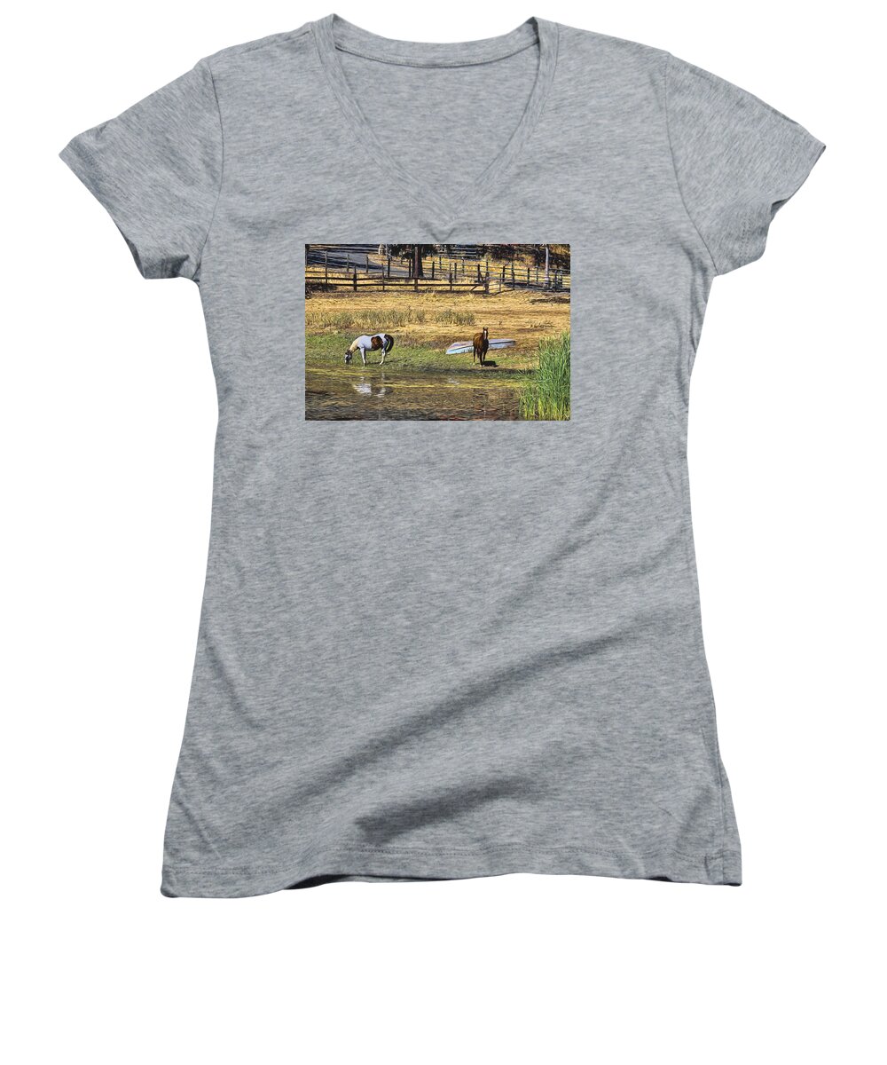 Berryessa Women's V-Neck featuring the photograph Horses at Lake Berresa by Bruce Bottomley
