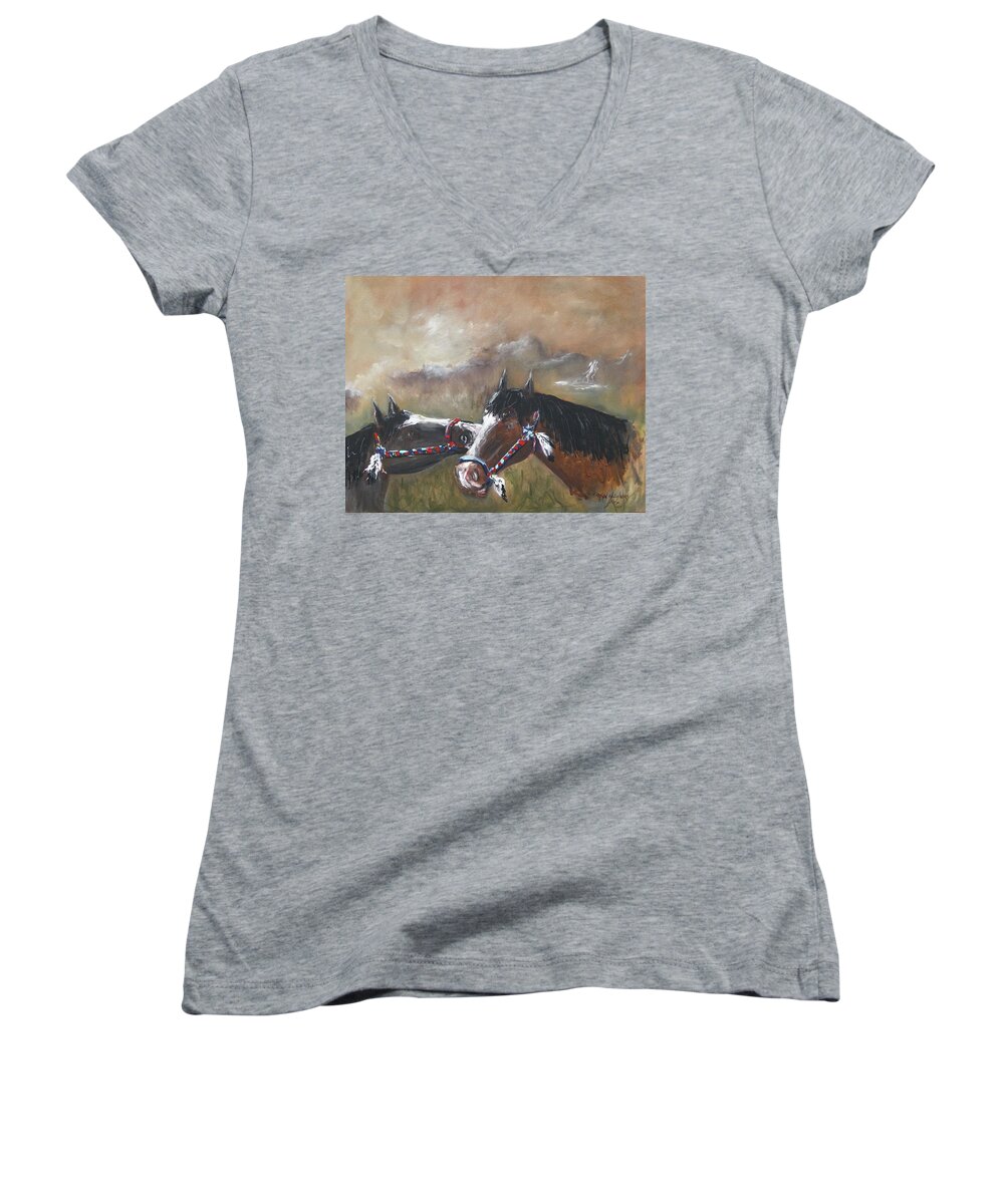 Acrylic On Canvas Painting Print American Indian Horses Native Pair Black Brown Feathers Sky Sunset Mountain Waterfall Clouds Dark Horses Relaxing Happy Horses Playing Horses Grass Green Women's V-Neck featuring the painting Horses by Miroslaw Chelchowski