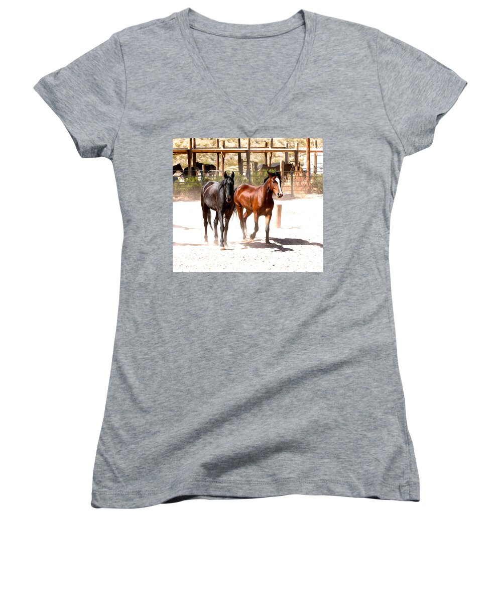 Horses Unlimited Rescue Women's V-Neck featuring the digital art Horses Unlimited_6a by Walter Herrit