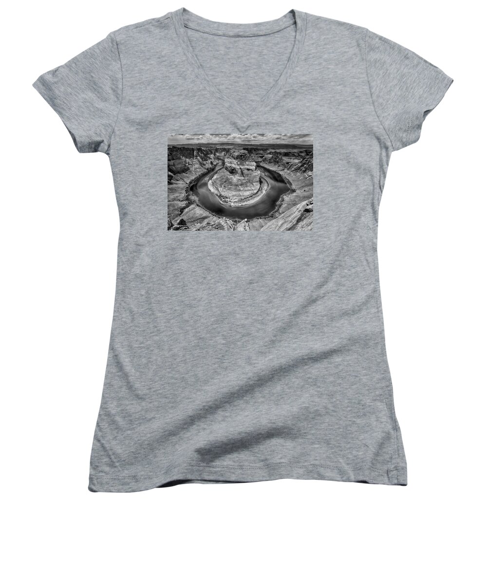 Horseshoe Bend Women's V-Neck featuring the photograph Horseshoe Bend Grand Canyon In Black And White by Garry Gay