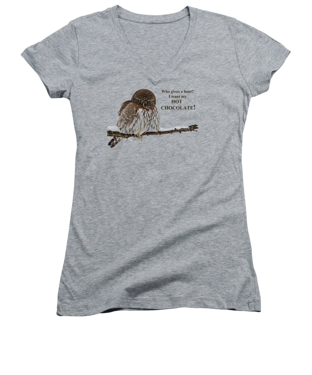 Hot Chocolate Women's V-Neck featuring the photograph Hot Chocolate Owl by Whispering Peaks Photography