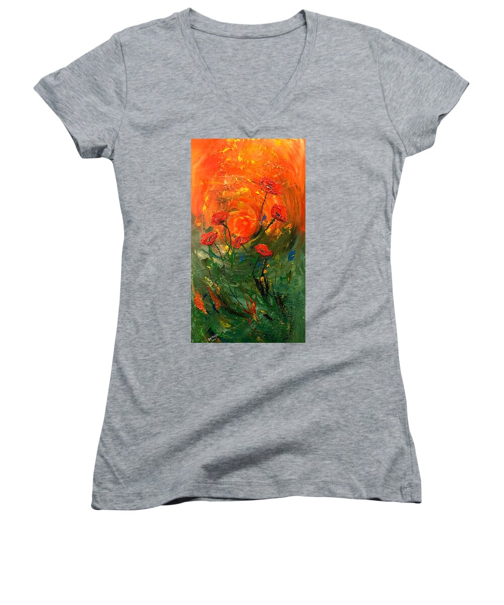 Hot Painting Women's V-Neck featuring the painting Hot Summer Poppies by Dorothy Maier