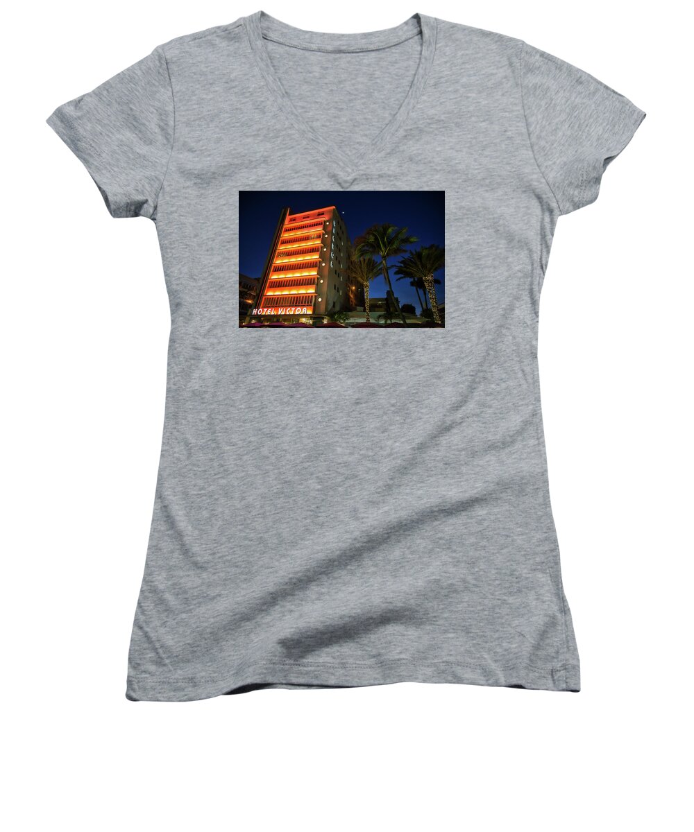 Florida Women's V-Neck featuring the photograph Hotel Victor South Beach by Penny Meyers