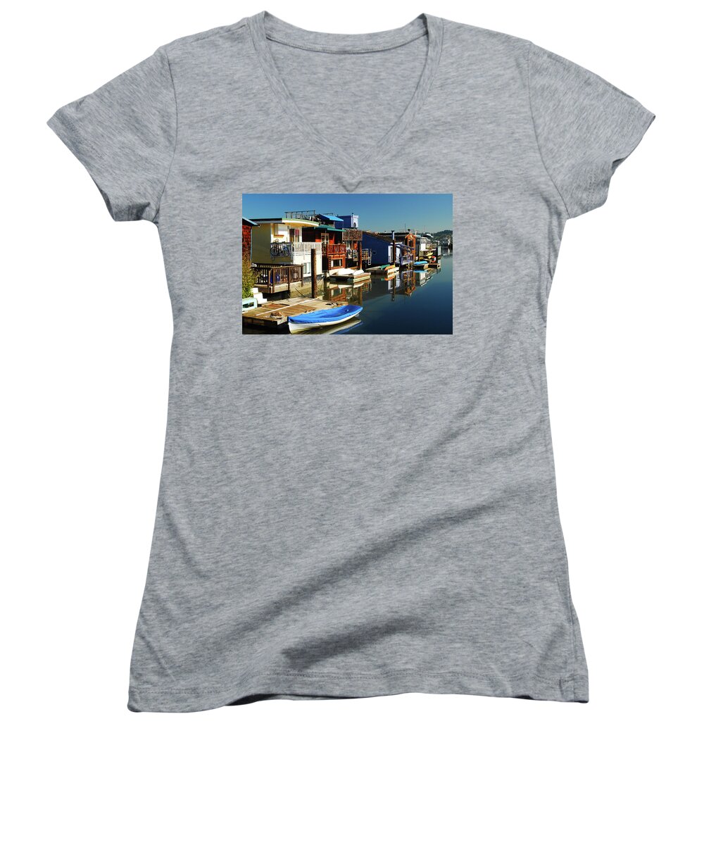 Sausalito Women's V-Neck featuring the photograph Houseboats by James Kirkikis