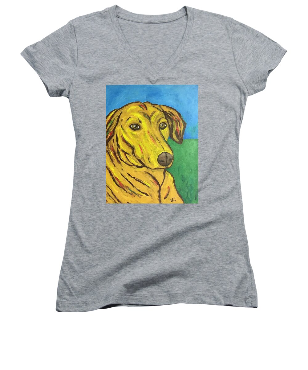 Dog Women's V-Neck featuring the painting Howard by Victoria Lakes