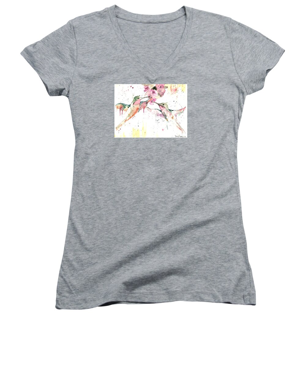 Hummingbirds Women's V-Neck featuring the painting Hummers by Denise Tomasura