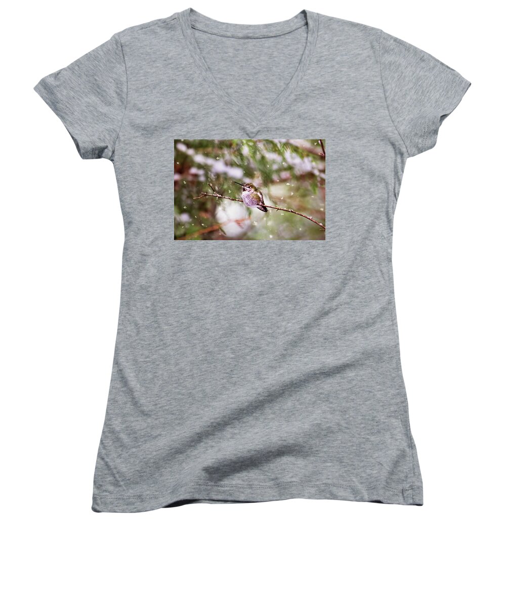 Hummingbird Women's V-Neck featuring the photograph Hummingbird - Let it Snow by Peggy Collins