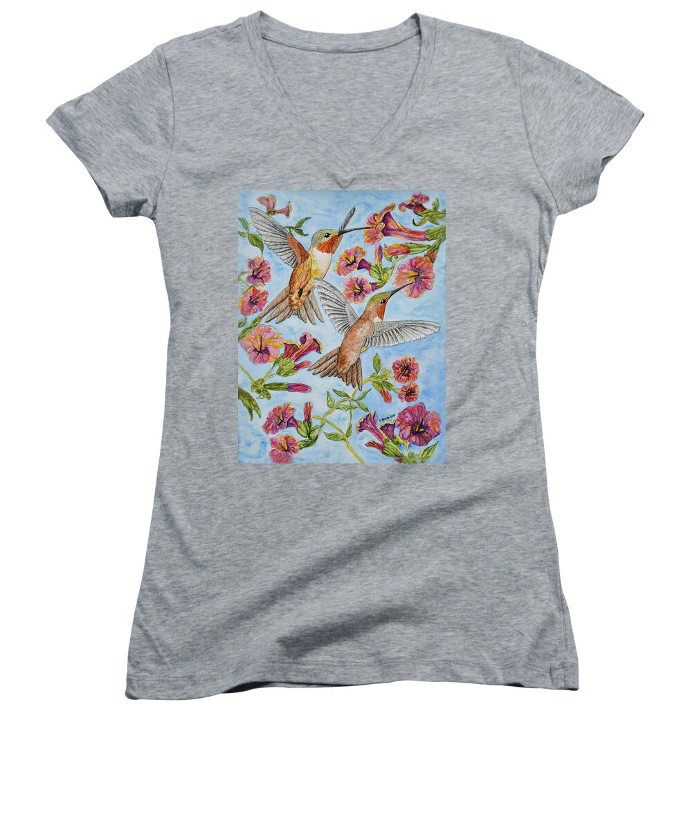 Linda Brody Women's V-Neck featuring the painting Hummingbirds and Hibiscus II by Linda Brody