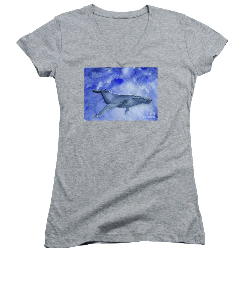 California Women's V-Neck featuring the painting Humpback Yearling Under Our Boat by Randy Sprout
