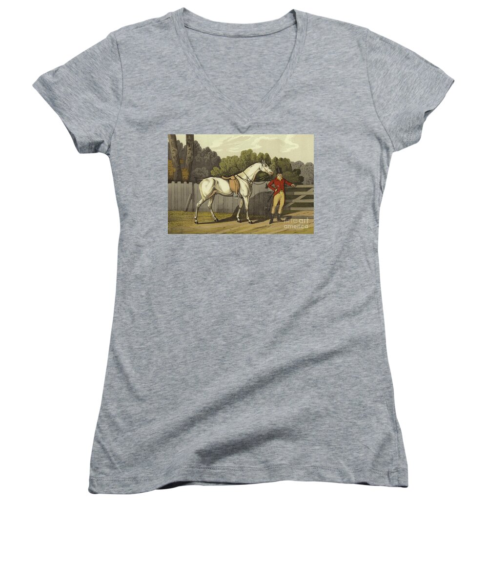 Fence Women's V-Neck featuring the painting Hunter by Henry Thomas Alken