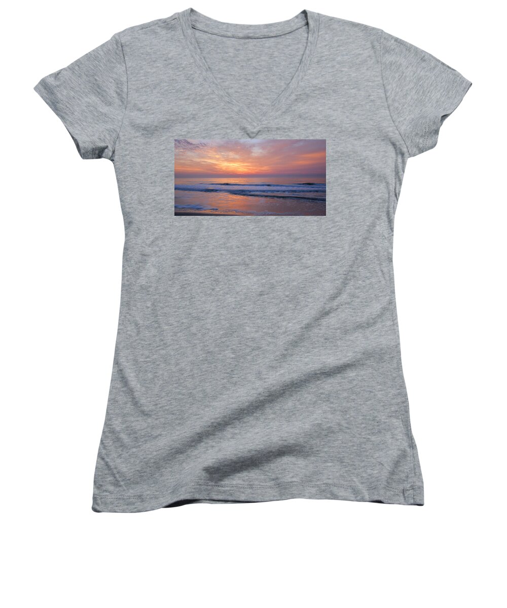 Beach Women's V-Neck featuring the photograph Huntington Beach Sunrise, NC by Alan Lenk