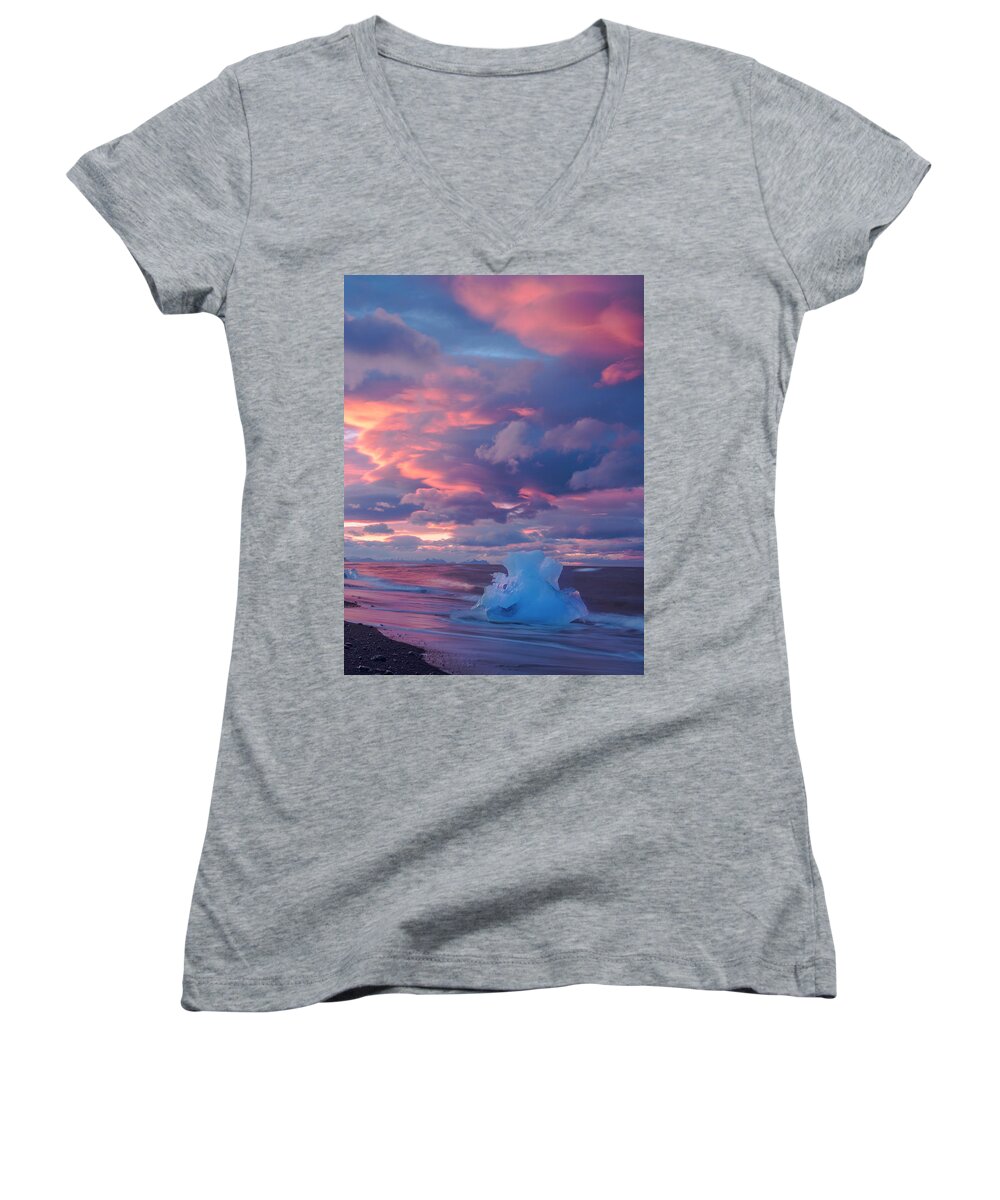 Iceland Women's V-Neck featuring the photograph Ice Ignites by Emily Dickey